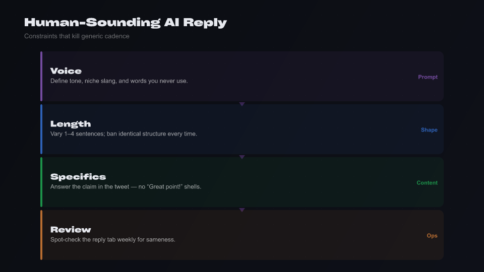 Infographic: prompt patterns, banned phrases, and human review for natural AI replies on X