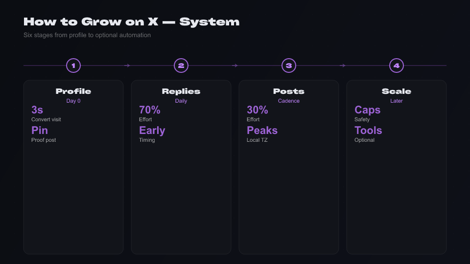 Six-step how to grow on X Twitter 2026: profile, replies, posts, topics, safety, automation