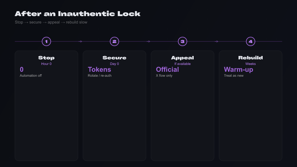 Flowchart: inauthentic behavior suspension — pause, appeal, restore ramp or rebuild new account