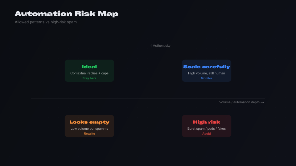 Decision graphic: automation that follows rules and authenticity versus spam and fake engagement