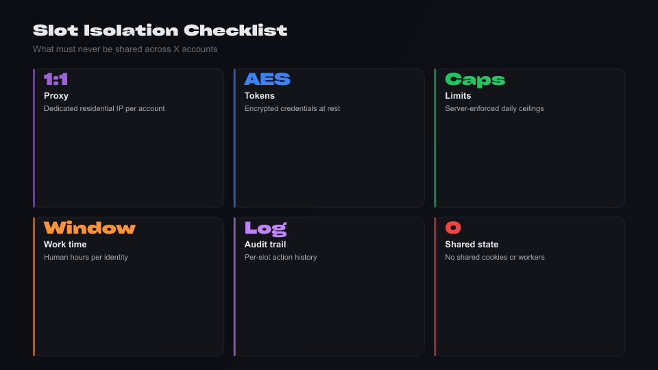 Isolation diagram: separate X accounts each with own proxy, slot, and browser profile versus a contaminated shared stack