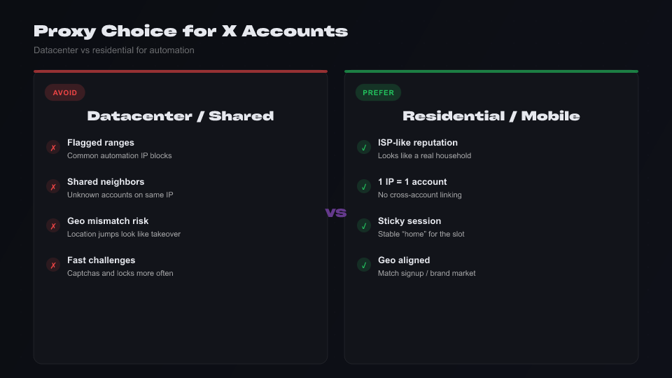 Diagram: one X account slot mapped to one residential proxy IP with geo match and sticky session