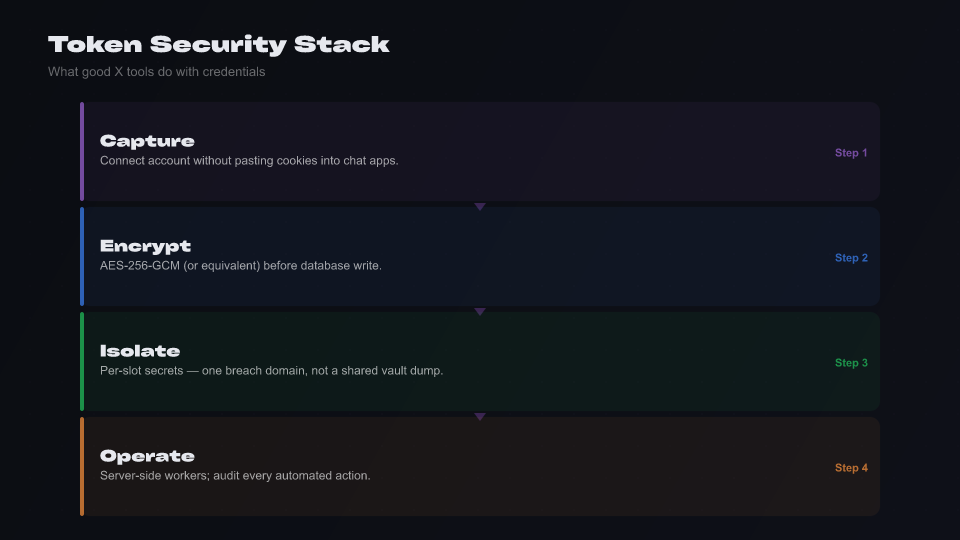 Security diagram: password login versus session token storage with AES-256-GCM encryption at rest