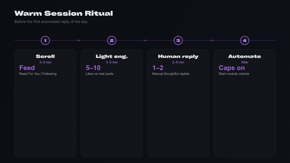 Infographic: 15-minute human warmup ritual before X automation — scroll, like, then act
