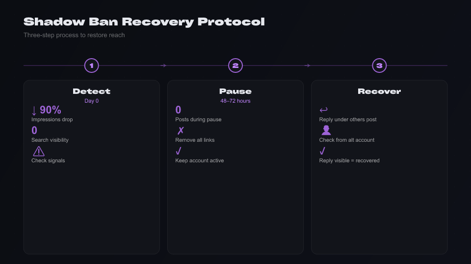 Infographic: Three-step shadow ban recovery — detect signals, pause activity, reply under a post and verify visibility from another profile